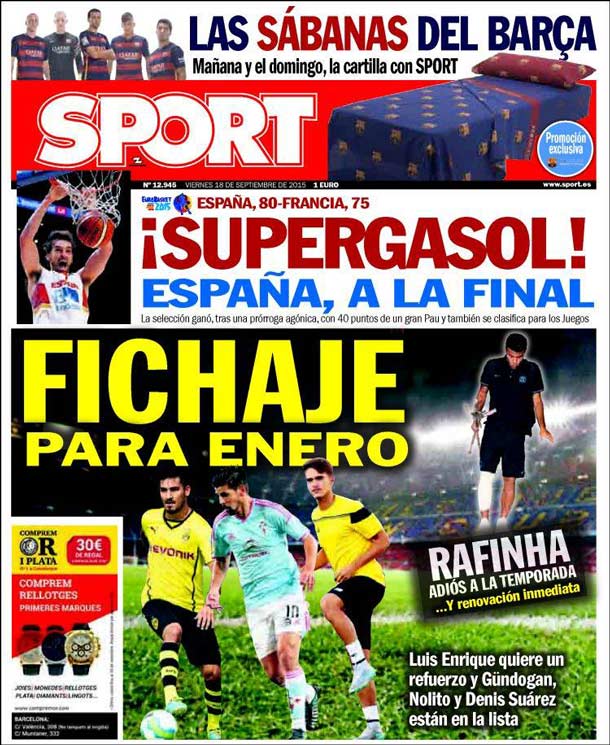 Cover of the newspaper sport, Friday 18 September 2015