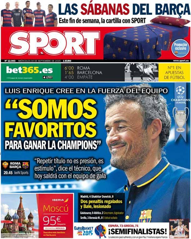Cover of the newspaper sport, Wednesday 16 September 2015