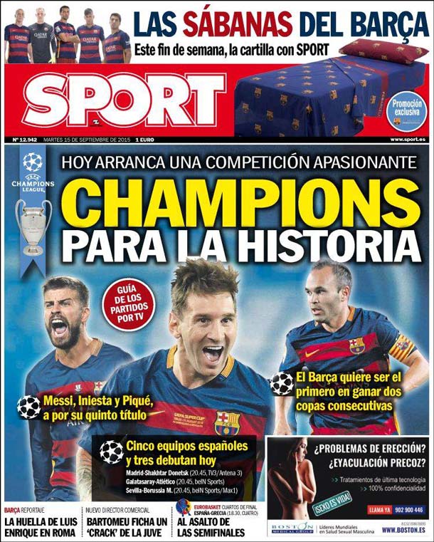 Cover of the newspaper sport, Tuesday 15 September 2015