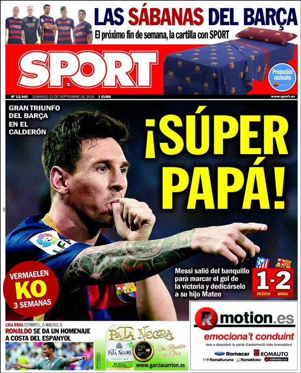 Cover of the newspaper sport, Sunday 13 September 2015