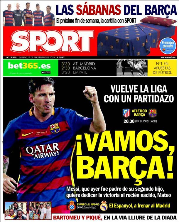 Cover of the newspaper sport, Saturday 12 September 2015