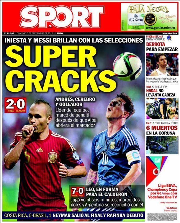 Cover of the newspaper sport, Sunday 6 September 2015
