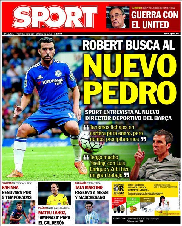 Cover of the newspaper sport, Friday 4 September 2015