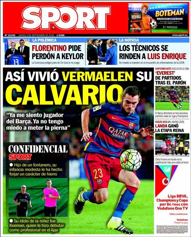 Cover of the newspaper sport, Thursday 3 September 2015
