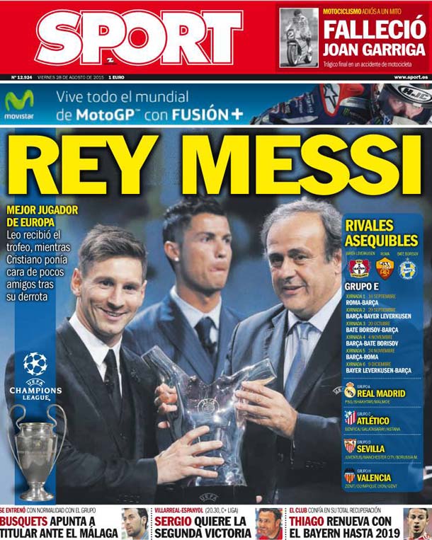 Cover of the newspaper sport, Friday 28 August 2015