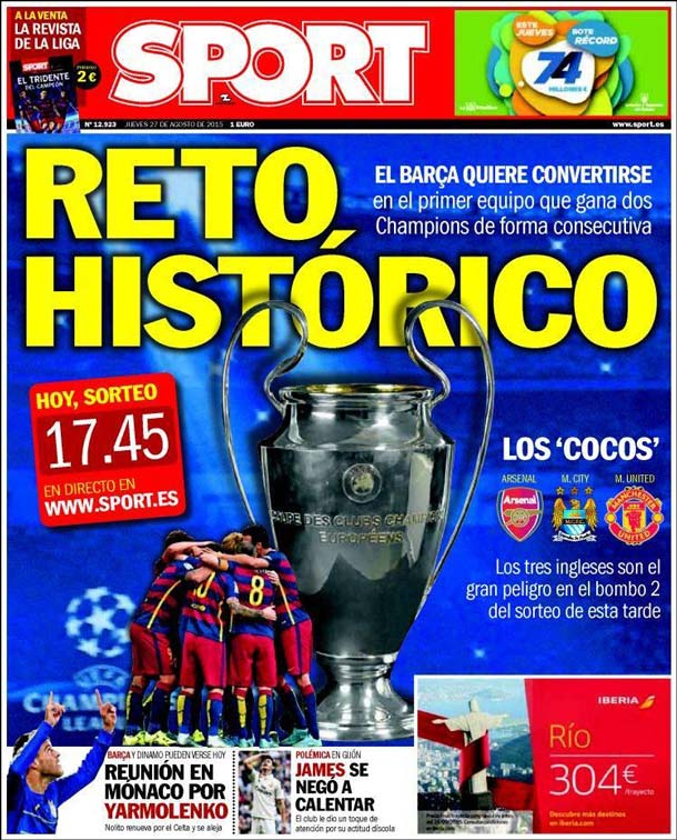 Cover of the newspaper sport, Thursday 27 August 2015