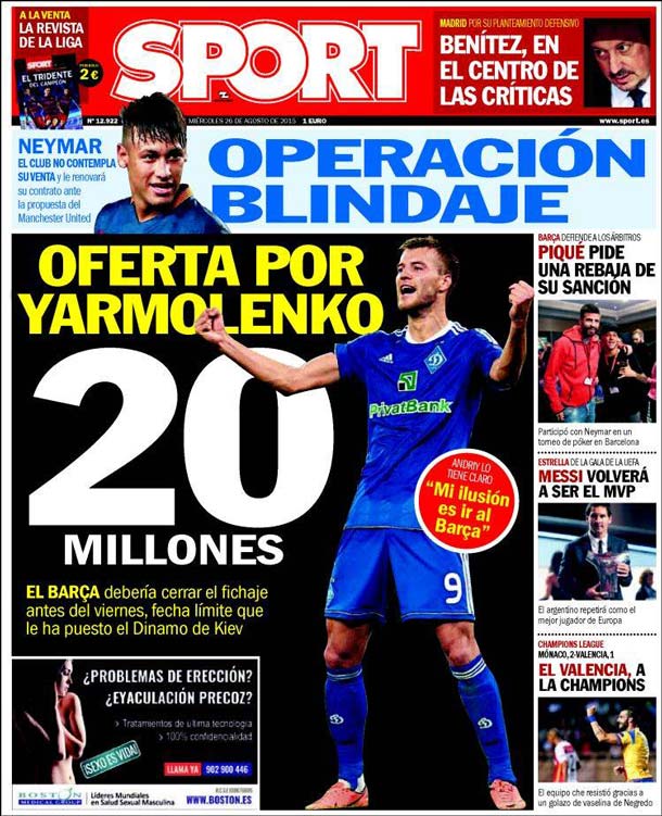 Cover of the newspaper sport, Wednesday 26 August 2015