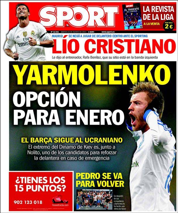 Cover of the newspaper sport, Tuesday 25 August 2015