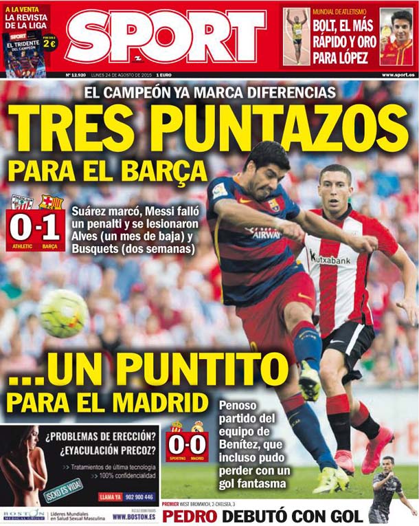 Cover of the newspaper sport, Monday 24 August 2015