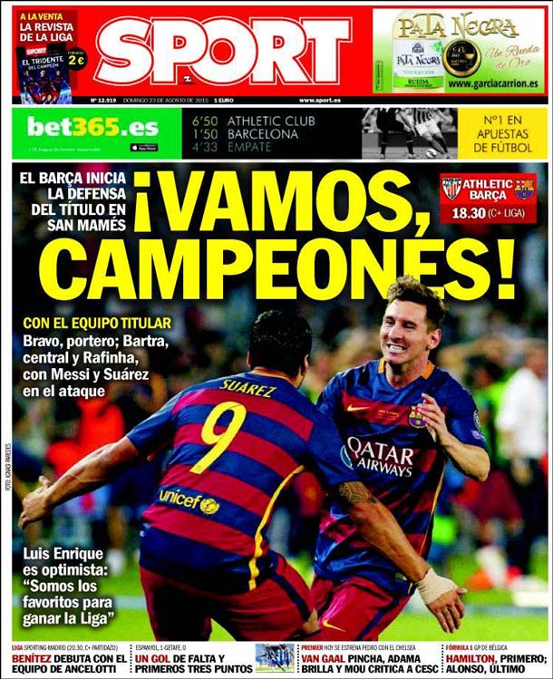 Cover of the newspaper sport, Sunday 23 August 2015