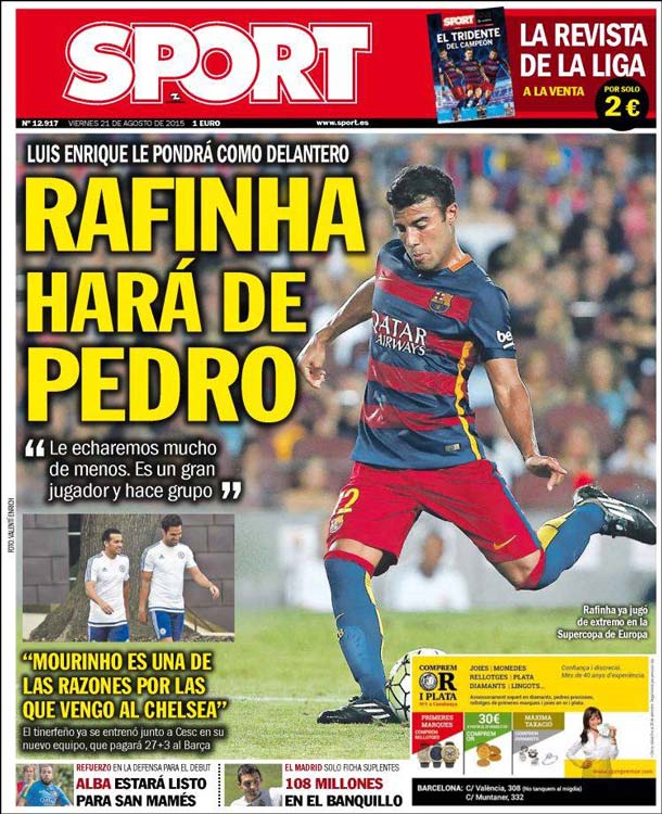 Cover of the newspaper sport, Friday 21 August 2015