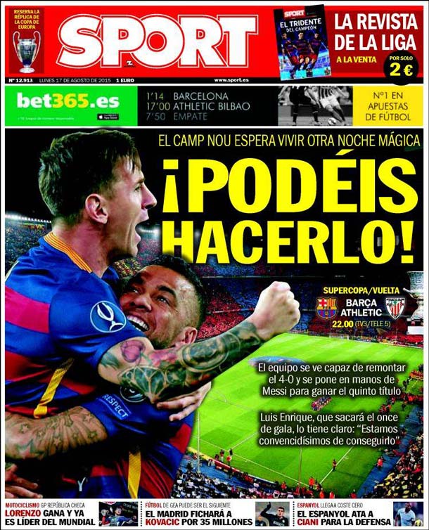Cover of the newspaper sport, Monday 17 August 2015