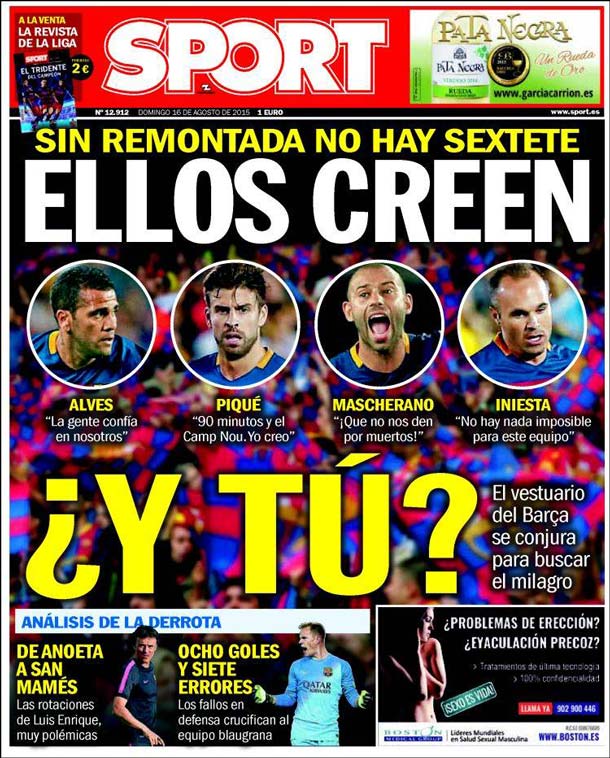 Cover of the newspaper sport, Sunday 16 August 2015