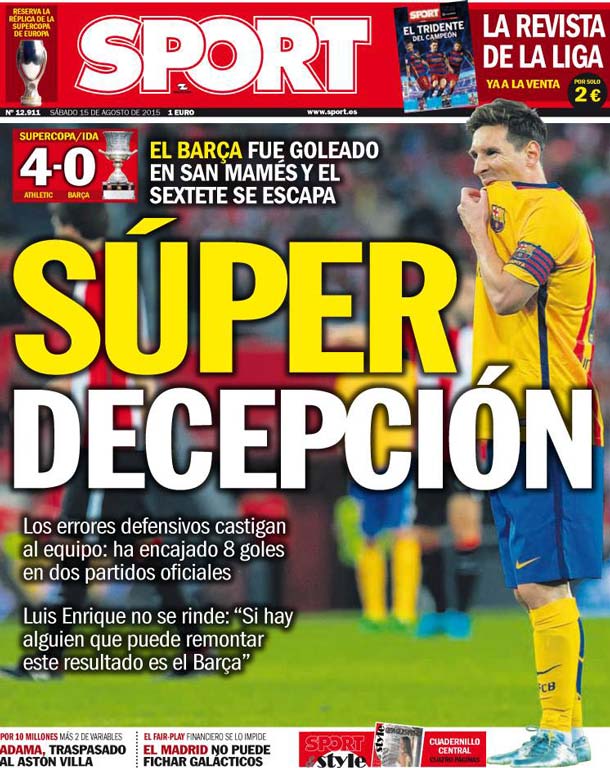 Cover of the newspaper sport, Saturday 15 August 2015