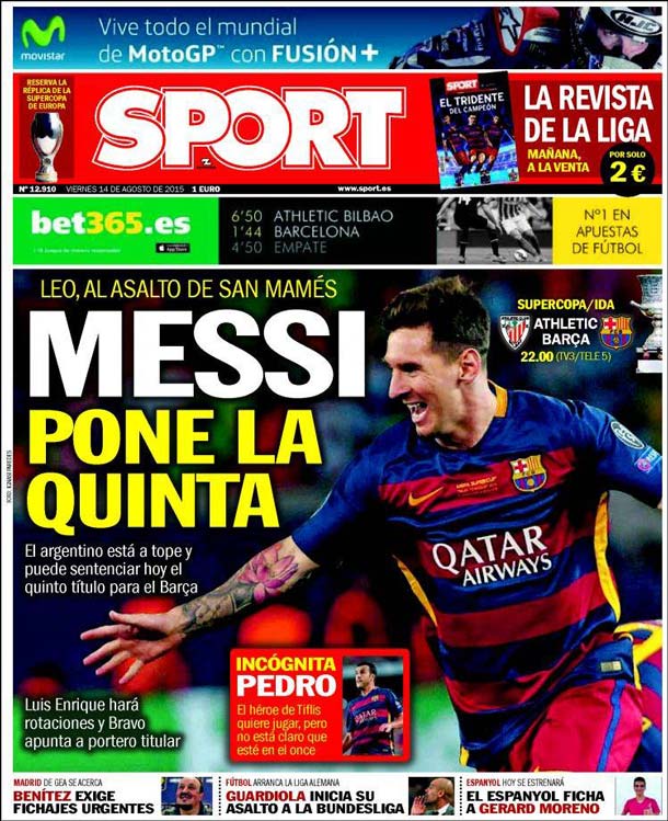 Cover of the newspaper sport, Friday 14 August 2015