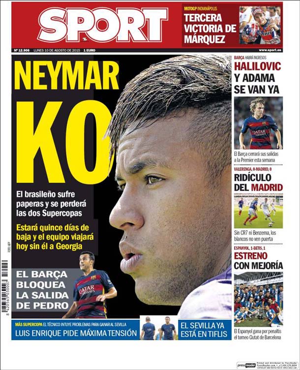 Cover of the newspaper sport, Monday 10 August 2015