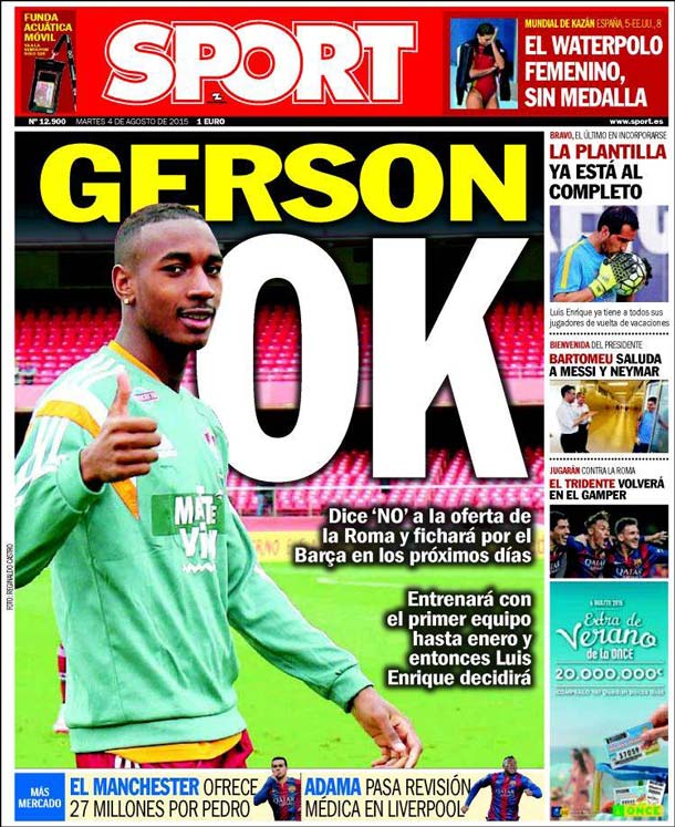 Cover of the newspaper sport, Tuesday 4 August 2015