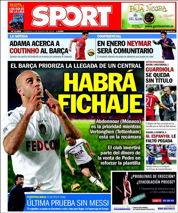 Cover of the newspaper sport, Sunday 2 August 2015