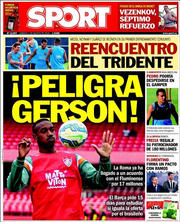 Cover of the newspaper sport, Saturday 1 August 2015