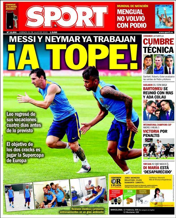 Cover of the newspaper sport, Friday 31 July 2015