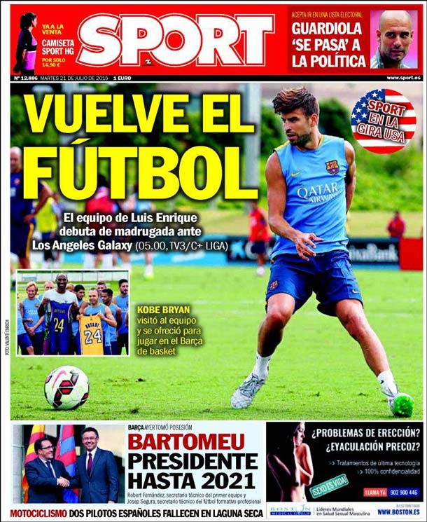 Cover of the newspaper sport, Tuesday 21 July 2015