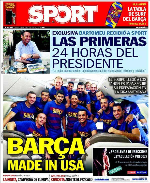 Cover of the newspaper sport, Monday 20 July 2015