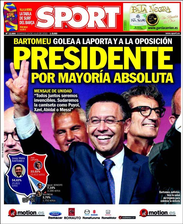 Cover of the newspaper sport, Sunday 19 July 2015