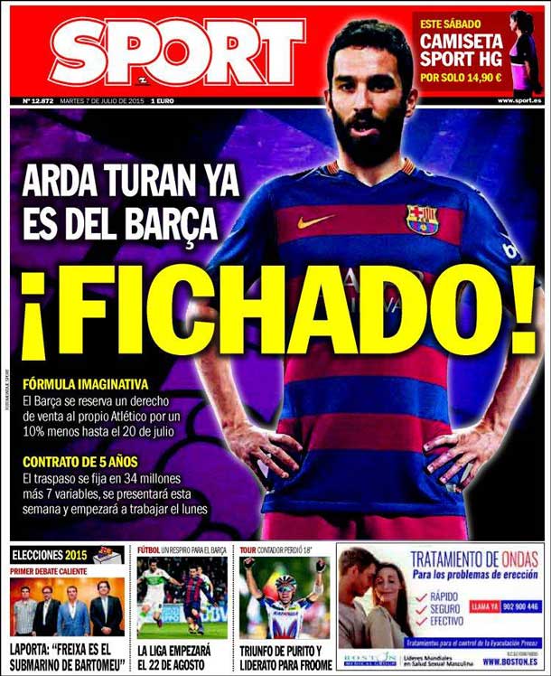 Cover of the newspaper sport, Tuesday 7 July 2015