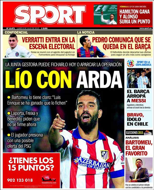 Cover of the newspaper sport, Monday 6 July of of 2015