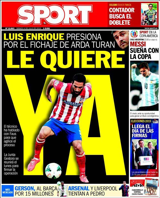 Cover of the newspaper sport, Saturday 4 July 2015