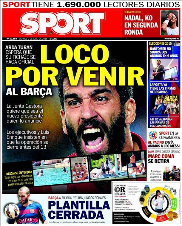 Cover of the newspaper sport, Friday 3 July 2015