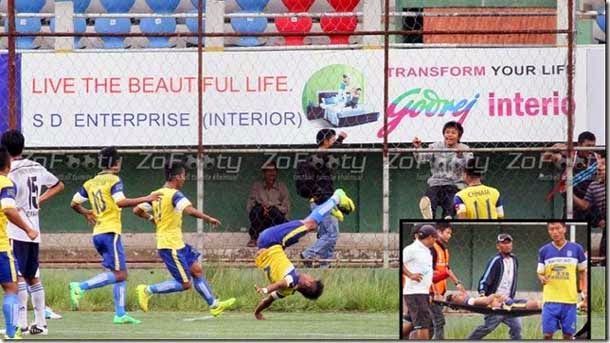 The player fell  when it celebrated a goal giving two somersaults