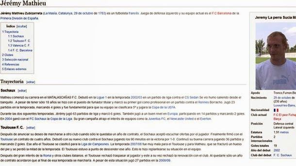 Jeremy mathieu, abused in wikipedia by his arrival to the barça