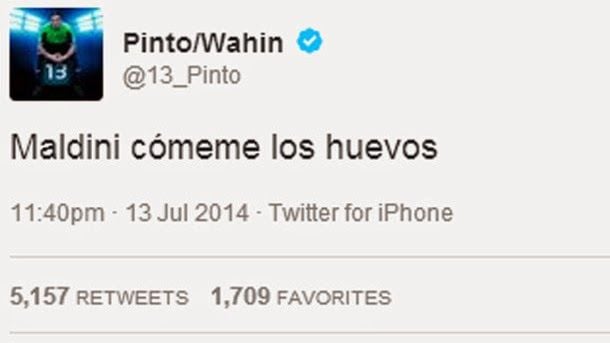 Pinto explota en twitter: "maldini, cómeme los huevos"