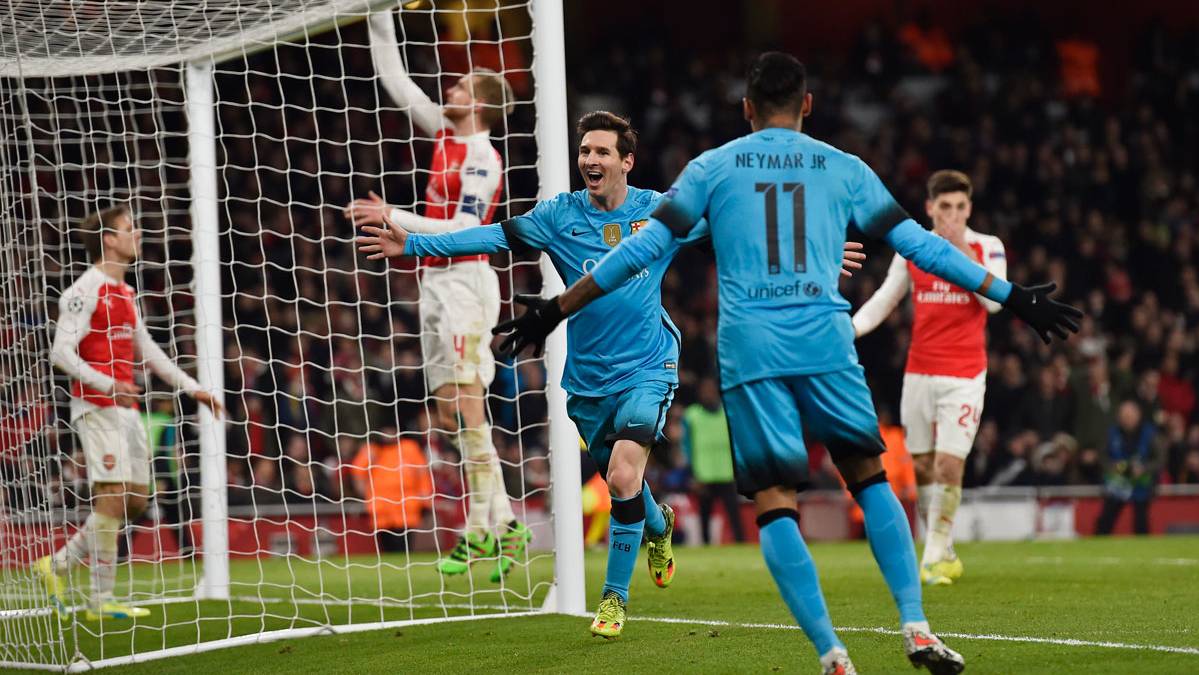 Leo Messi celebrates one of his so many to the Arsenal in the 2015-2016