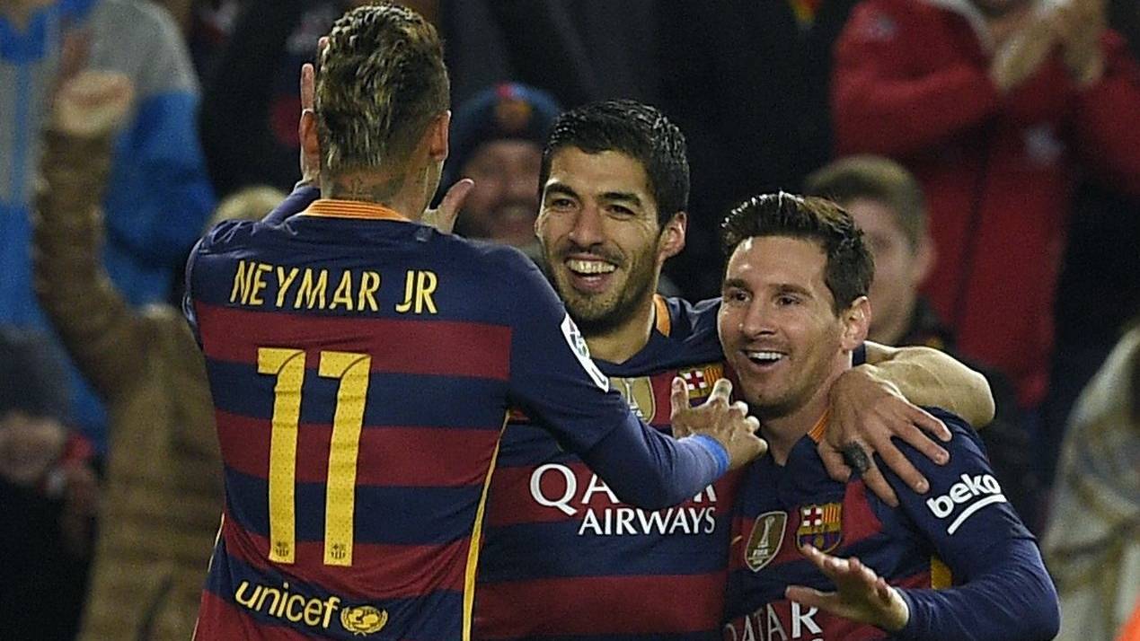 Messi, Neymar and Suárez, celebrating a goal