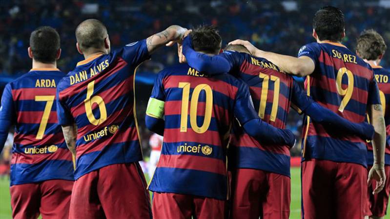 The FC Barcelona, celebrating a goal against the Arsenal
