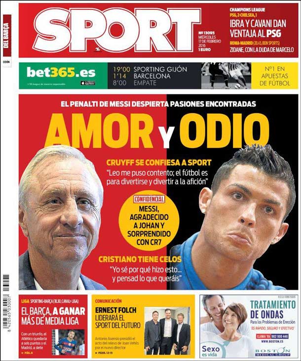 Cover of the newspaper sport, Wednesday 17 February 2016