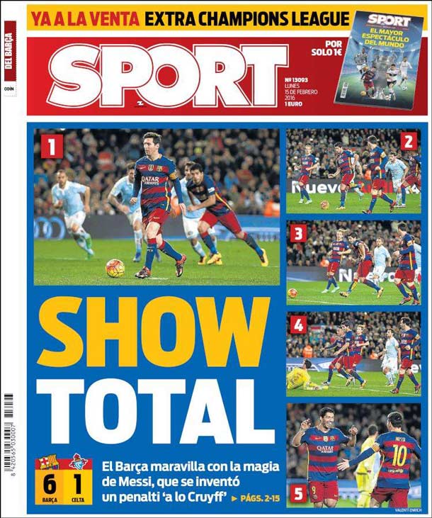 Portada del periódico sport, lunes 15 de febrero de 2016