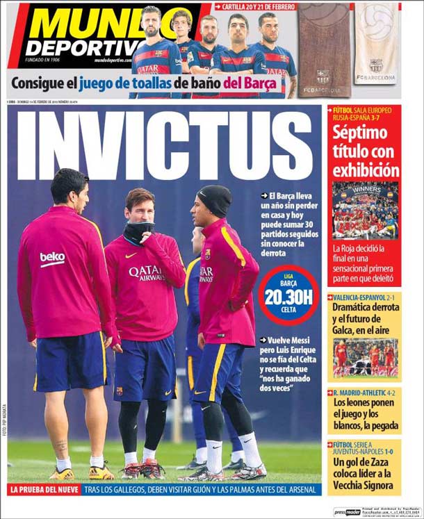 Portada del periódico mundo deportivo, domingo 14 de febrero de 2016