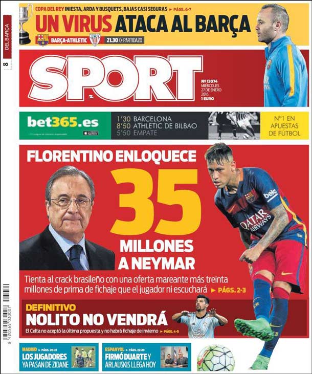 Cover of the newspaper sport, Wednesday 27 January 2016
