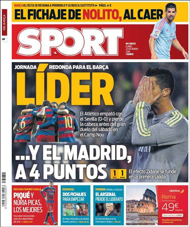 Cover of the newspaper sport, Monday 25 January 2016