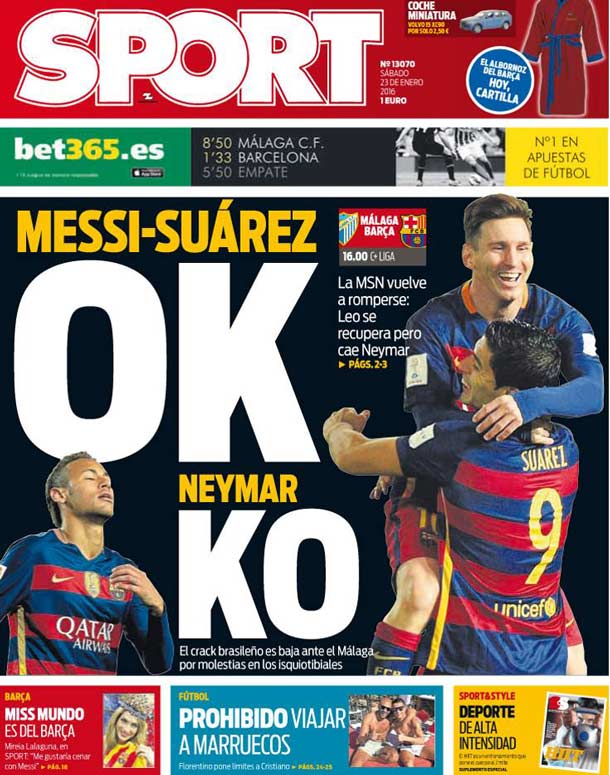 Cover of the newspaper sport, Saturday 23 January 2016