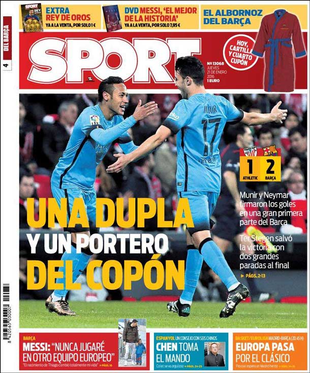 Cover of the newspaper sport, Thursday 21 January 2016