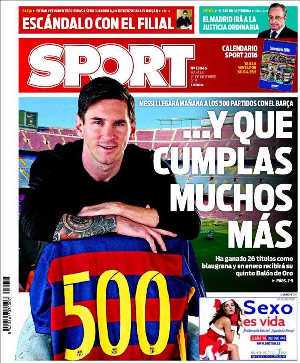 Cover of the newspaper sport, Tuesday 29 December 2015