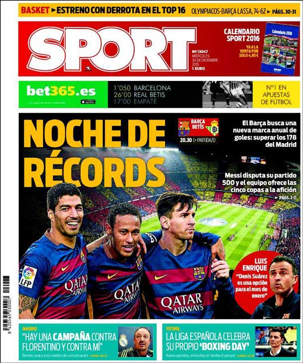 Cover of the newspaper sport, Wednesday 30 December 2015
