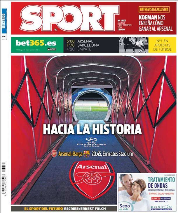 Portada del periódico sport, martes 23 de febrero de 2016