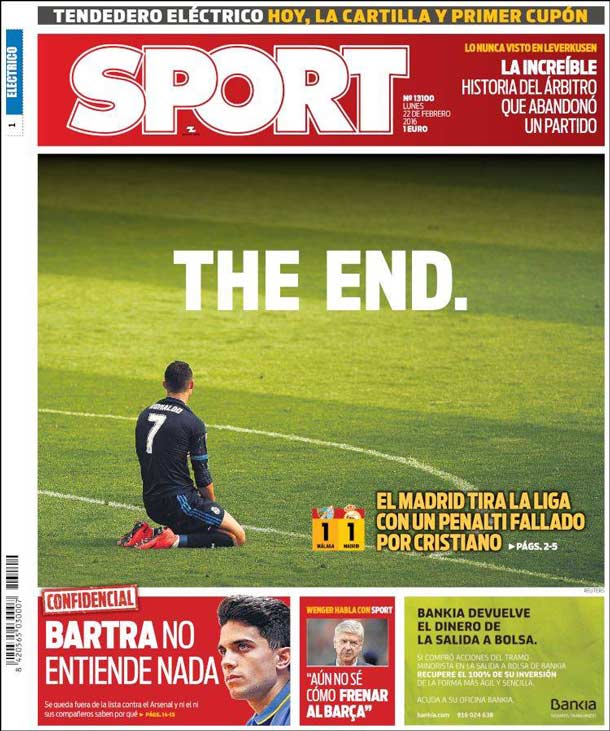 Portada del periódico sport, lunes 22 de febrero de 2016