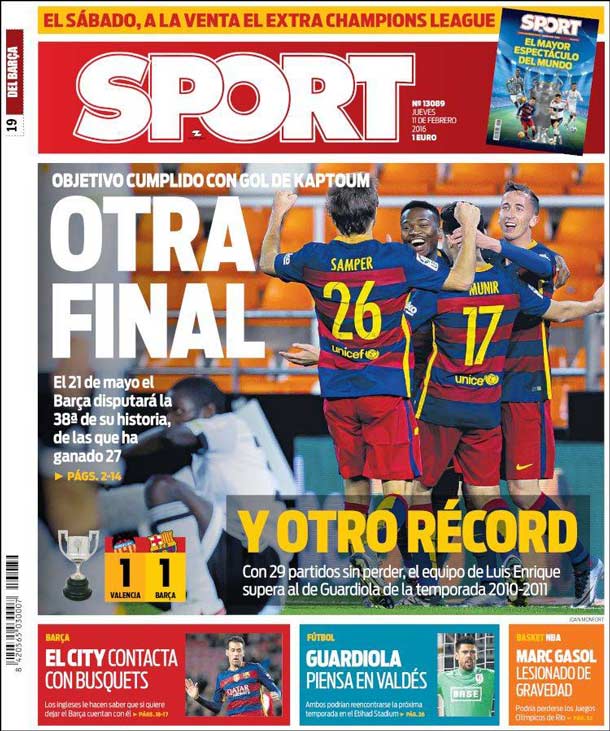 Portada del periódico sport, jueves 11 de febrero de 2016