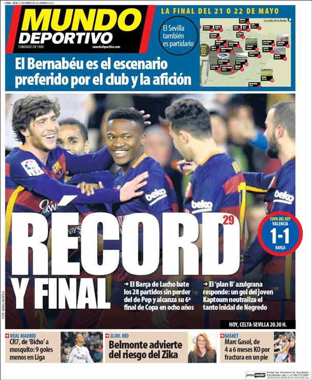 Portada del periódico mundo deportivo, jueves 11 de febrero de 2016